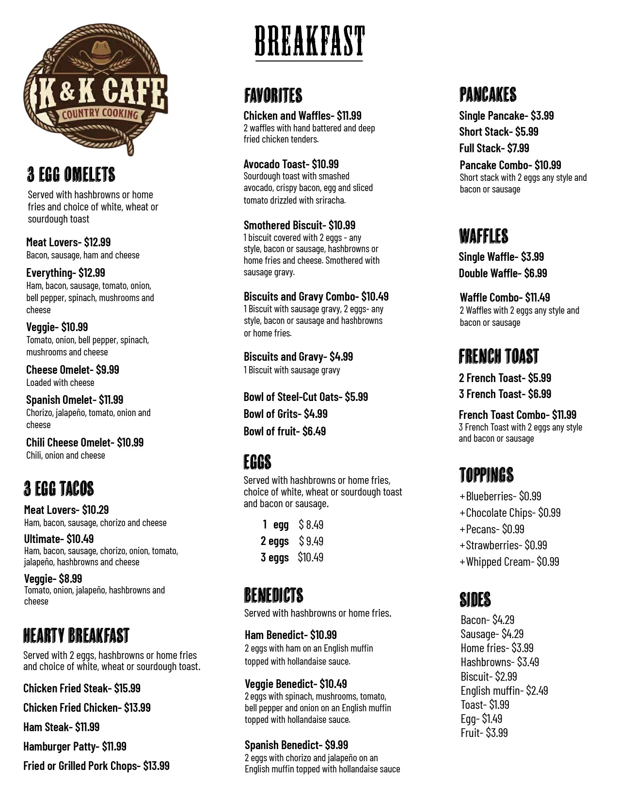 K&K Cafe Breakfast Menu